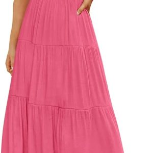 ZESICA Women's 2024 Summer Casual Flutter Short Sleeve Crew Neck Smocked Elastic Waist Tiered Midi Dress