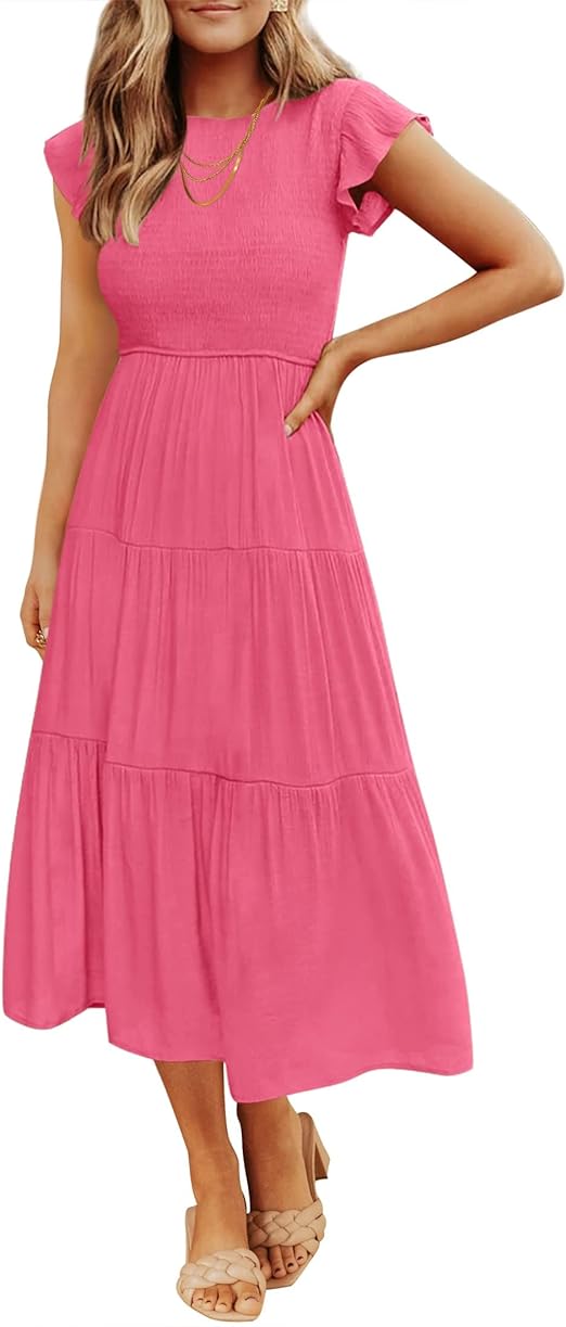 ZESICA Women's 2024 Summer Casual Flutter Short Sleeve Crew Neck Smocked Elastic Waist Tiered Midi Dress